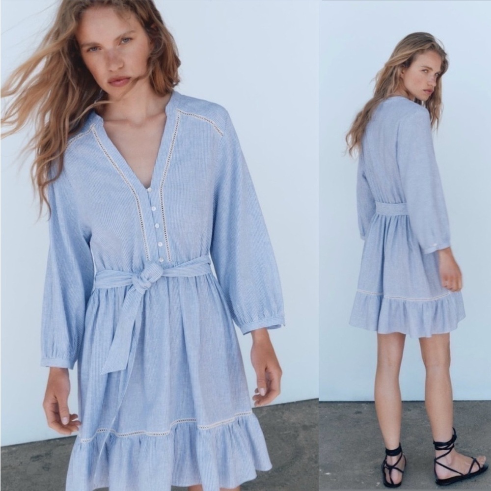 NWT Zara Linen Blend Stripe Dress Size Medium